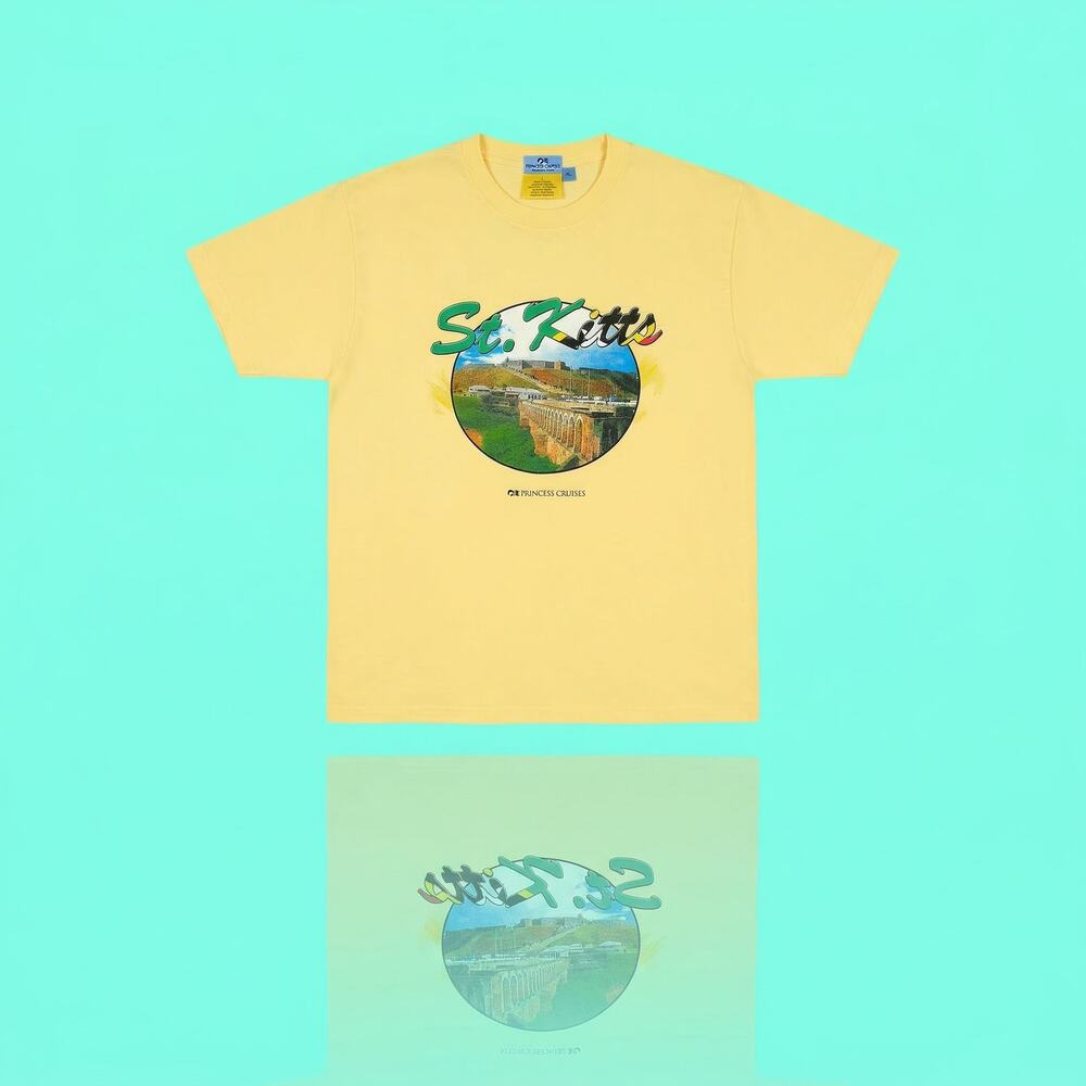 NWT Princess Cruises Men's XL St. Kitts Graphic T-Shirt Yellow Souvenir Beach